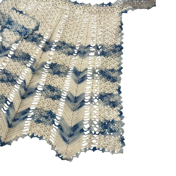Vintage Handmade Crochet Apron‎ With Small Pocket Blue White Straps Approx 48” - Picture 8 of 8